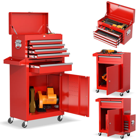 Patiomore 5-Drawer Rolling Tool Chest - Heavy-Duty Steel Tool Cabinet with Detachable Top Box, Locking Wheels & Security System for Garage/Workshop, 2-in-1 Design (Red)