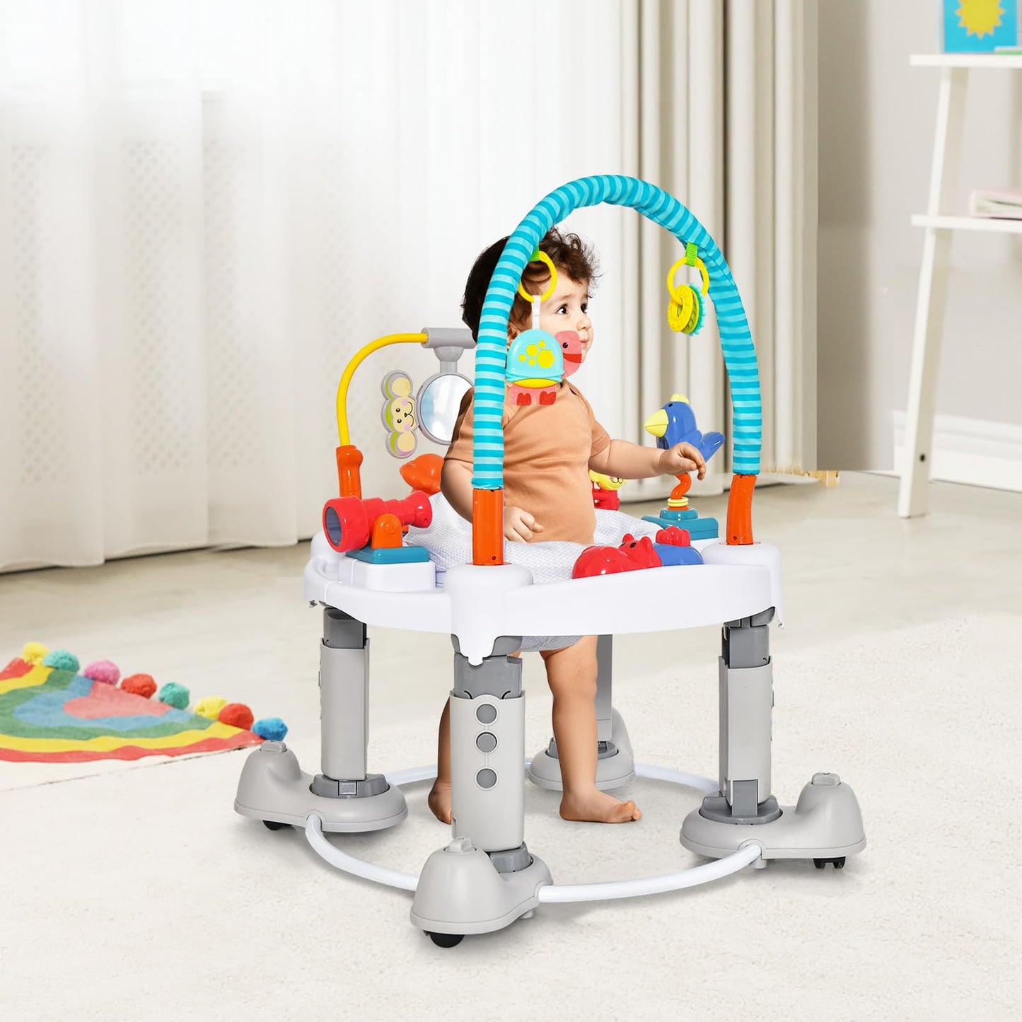 INFANS Baby Bouncer Activity Center, 5 in 1 Toddler Bouncing Activity Saucer Playtime Mat Activity Table with 360°Rotating Seat, 3 Adjustable Height, Foldable Exersaucer Learning Walker (Light Grey)