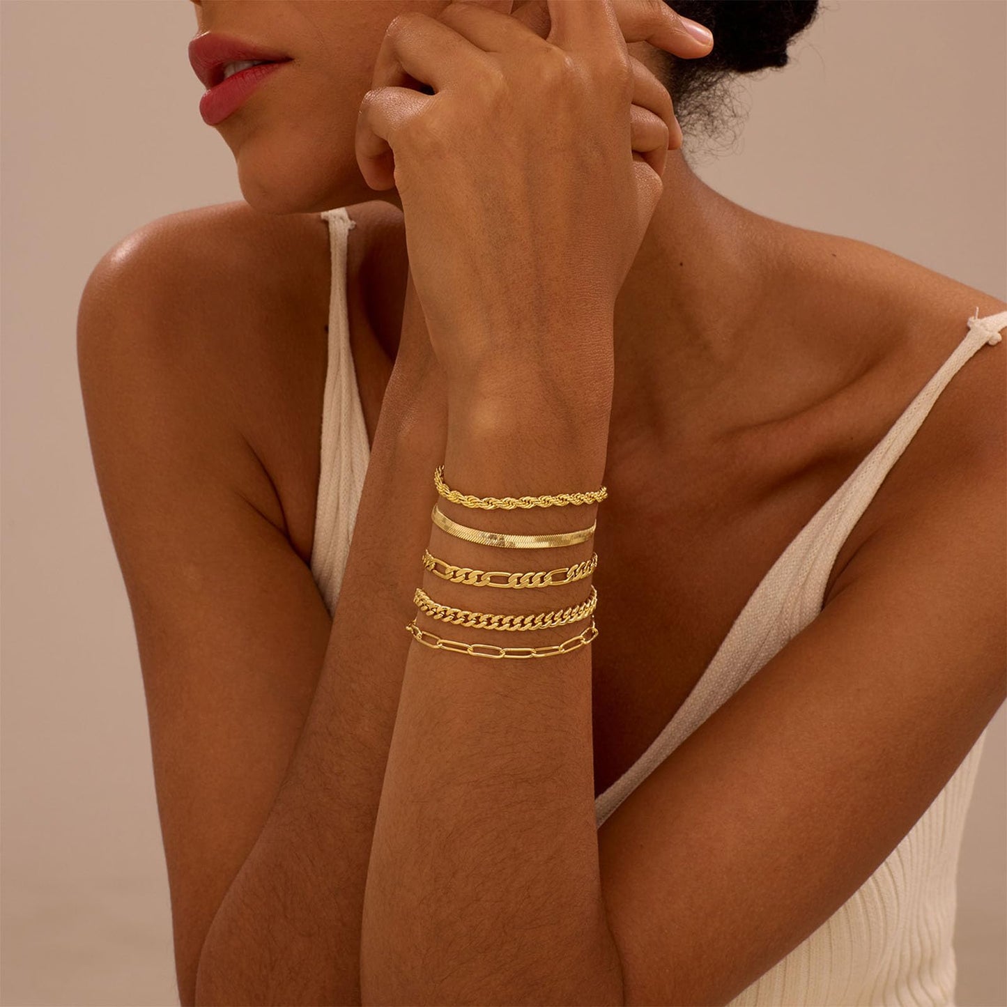 Gold Bracelets for Women, Dainty 14K Gold Plated Bracelet Stack for Women Trendy CZ Tennis Paperclip Cuban Chain Stackable Adjustable Waterproof Link Bracelet Jewelry Set Fashion Accessories Gifts