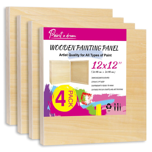 4 Pack 12x12 Basswood Wood Canvas Board – Studio 3/4'' Deep Cradled Wood Panels for Painting, Crafts, Oil & Resin Art - Sturdy Wood Painting Boards for Artists and DIY Crafters