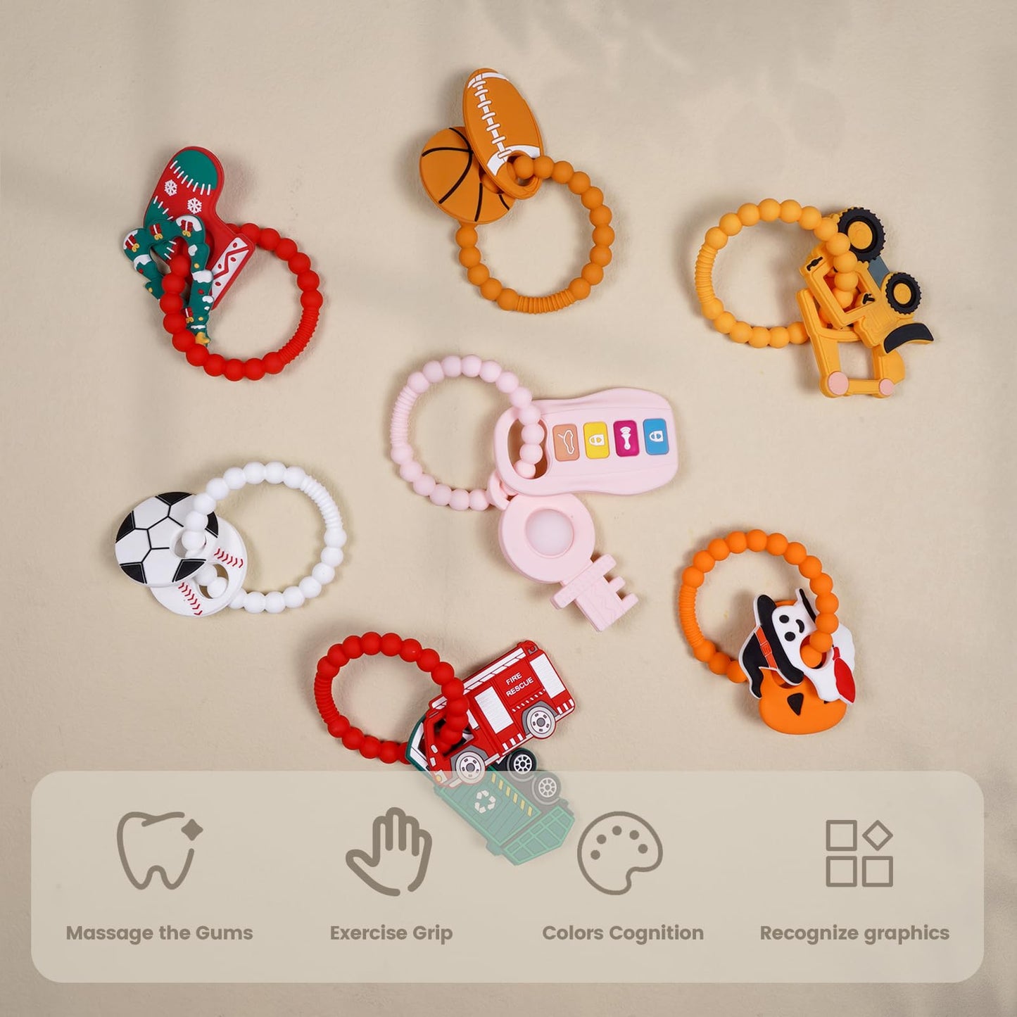 Silicone Baby Ring Toy with Excavator,Bulldozer Teethers,Must Haves Teething Relief Chew Toys for 0-6,6-12 Months Boys and Girls,Newborns Essentials,Safe and Soft,BPA Free.