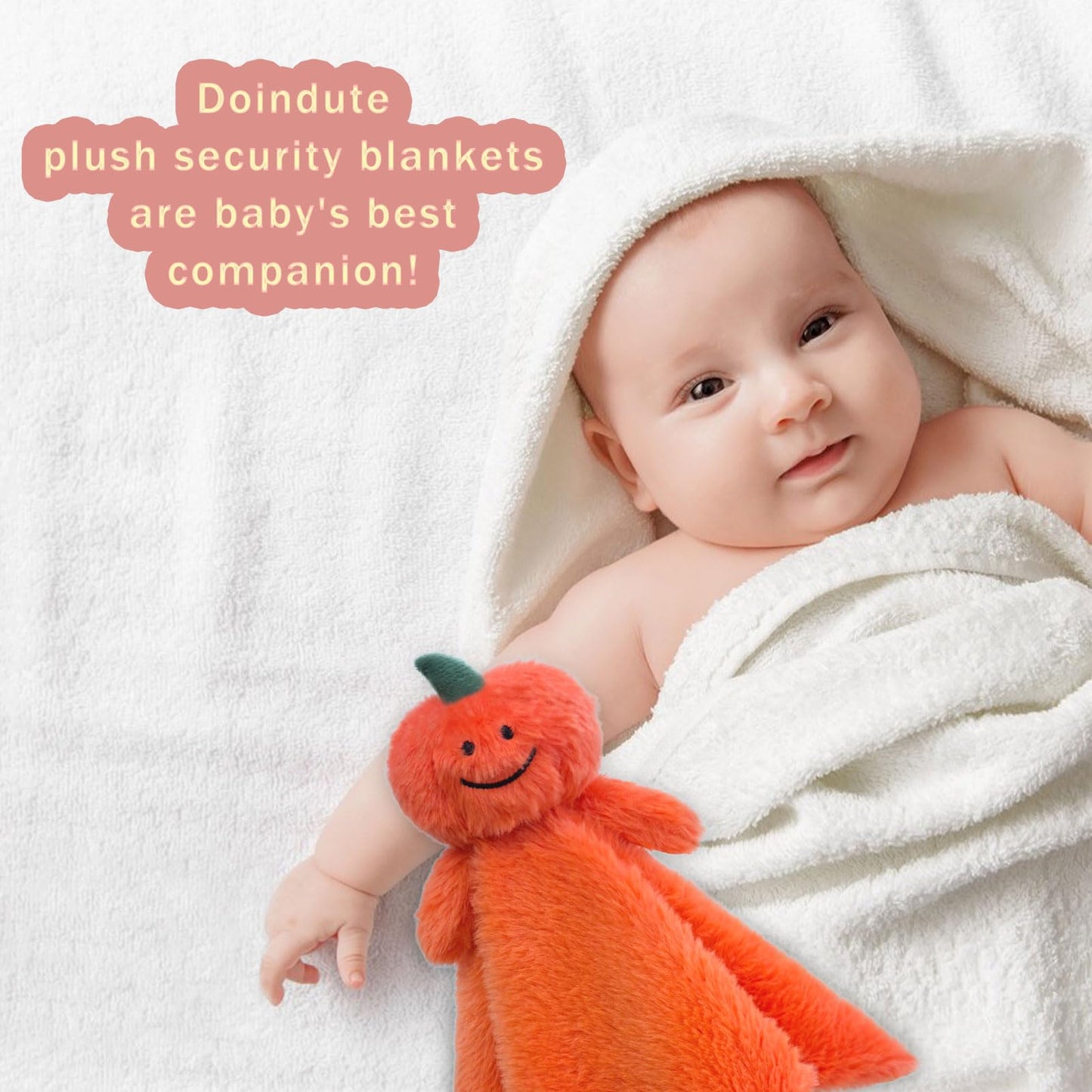 Doindute Baby Orange Pumpkin Soft Stuffed Animal Security Blanket, Plush Pumpkin Character Lovey Blanket, Baby Shower/Nursery Gift, Newborn Infant Toddler Snuggle Blankie for Girls Boys, 14 Inches