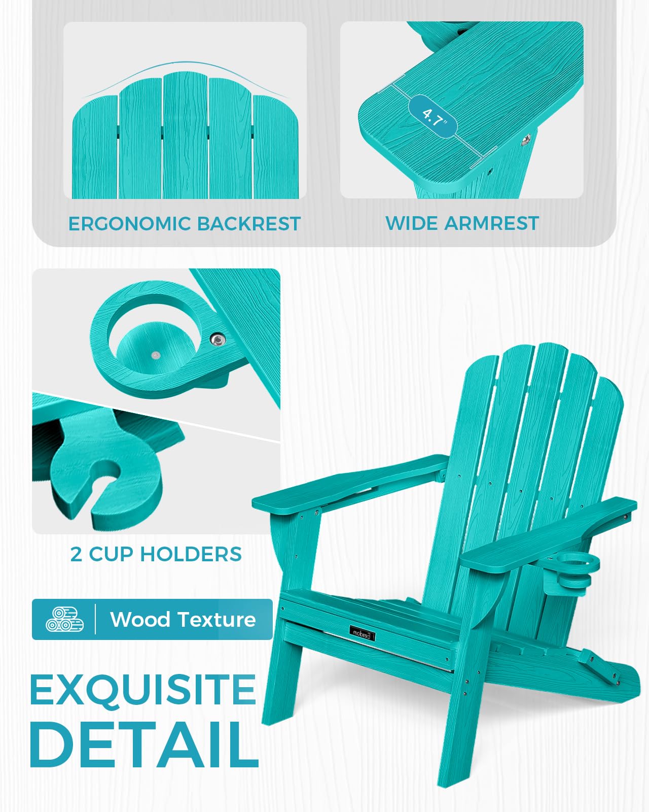 Eesdom Folding Adirondack Chair, HDPE Adirondack Chair with 2 Cup Holders, Pre-Assembled Outdoor Fire Pit Chairs for Patio, Garden, Poolside, Lakeblue