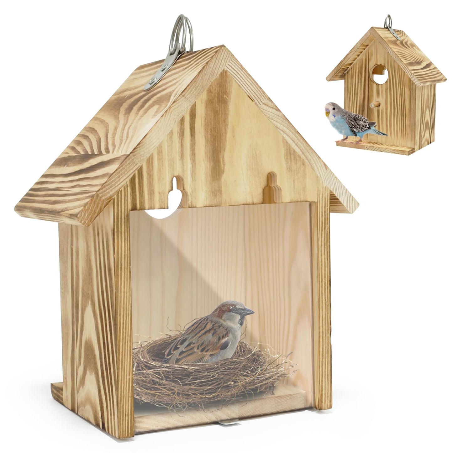 Window Bird Houses for Outside with 2 Powerful Hooks, Hanging Bird House for Viewing Inside, Wooden Hummingbird Houses to Paint for Outdoors, Bird Nesting Box for Bluebird Finch Chickadee