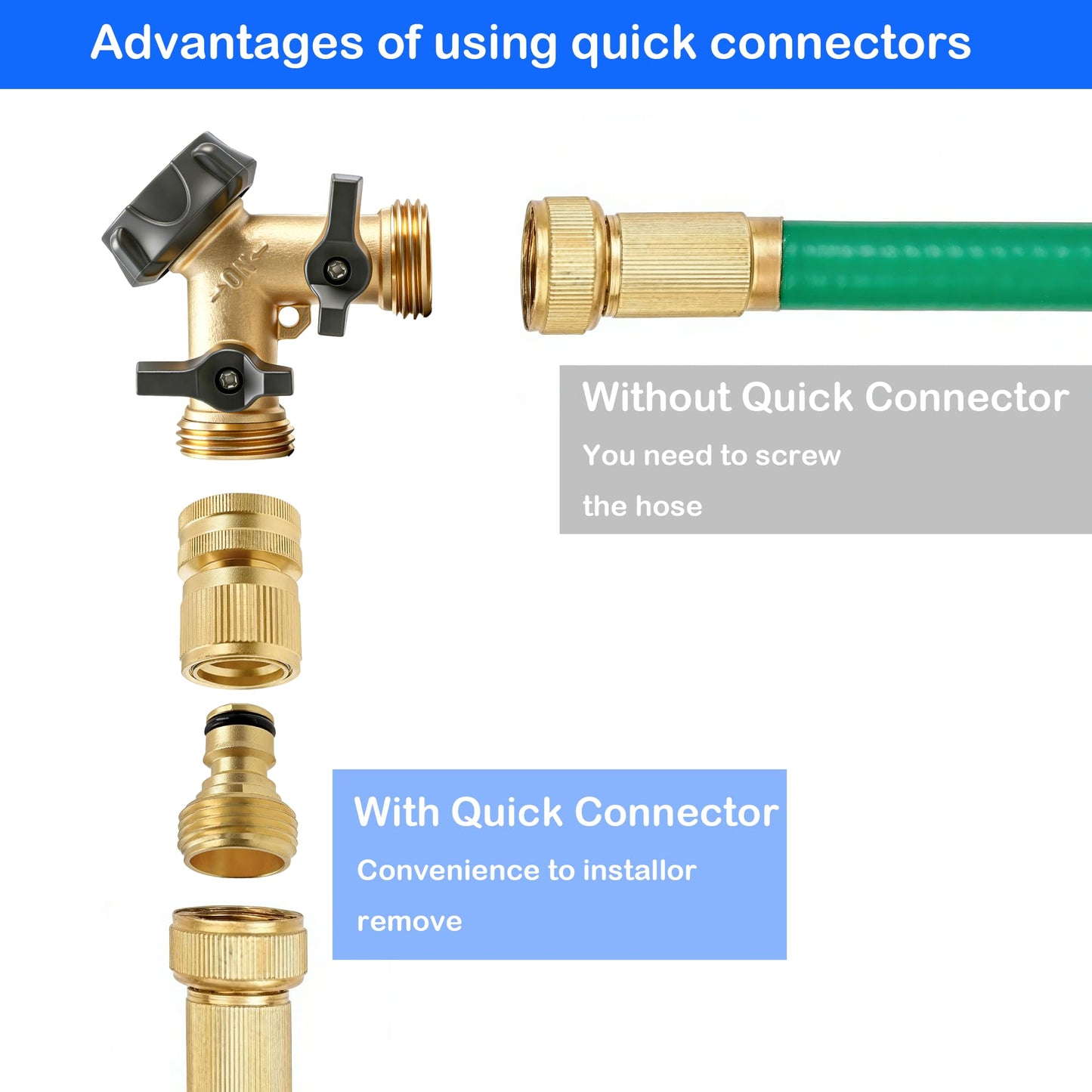 Hourleey Garden Hose Quick Connector, Solid Brass 3/4 Inch GHT Thread Garden Quick Connect Kit, Male and Female No-Leak Water Hose Fittings (4 Set)