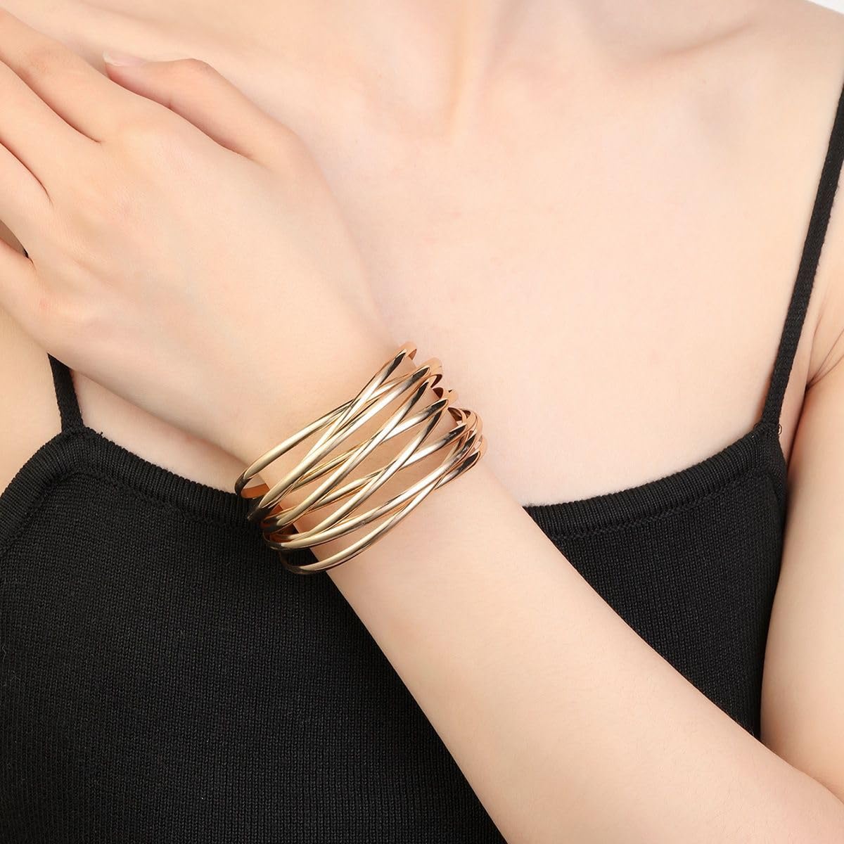 SELFWIMG Gold Cuff Bangle Bracelet for Women Trendy 18K Gold Plated Multi-layer Wire Warp Bangle Bracelet Wide Open Chunky Cuff Bracelets Boho Twisted Wrist Jewelry Gifts