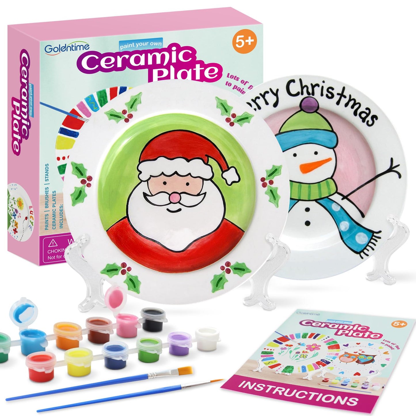 goldentime Ceramic Plate Painting kit for Kids and Adults Including 2 Ceramic Plates to Paint, with 12 Paints, 2 Brushes and 2 Stands - Perfect as DIY Home décor or Gifts for Bithday Christmas