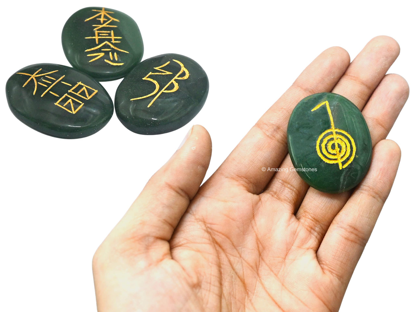 Amazing Gemstone Green Aventurine Crystal Reiki Stones with Engraved Symbols for Usui Reiki Healing, Set of 4 Pcs (Indian Handmade Reiki Gift Set)