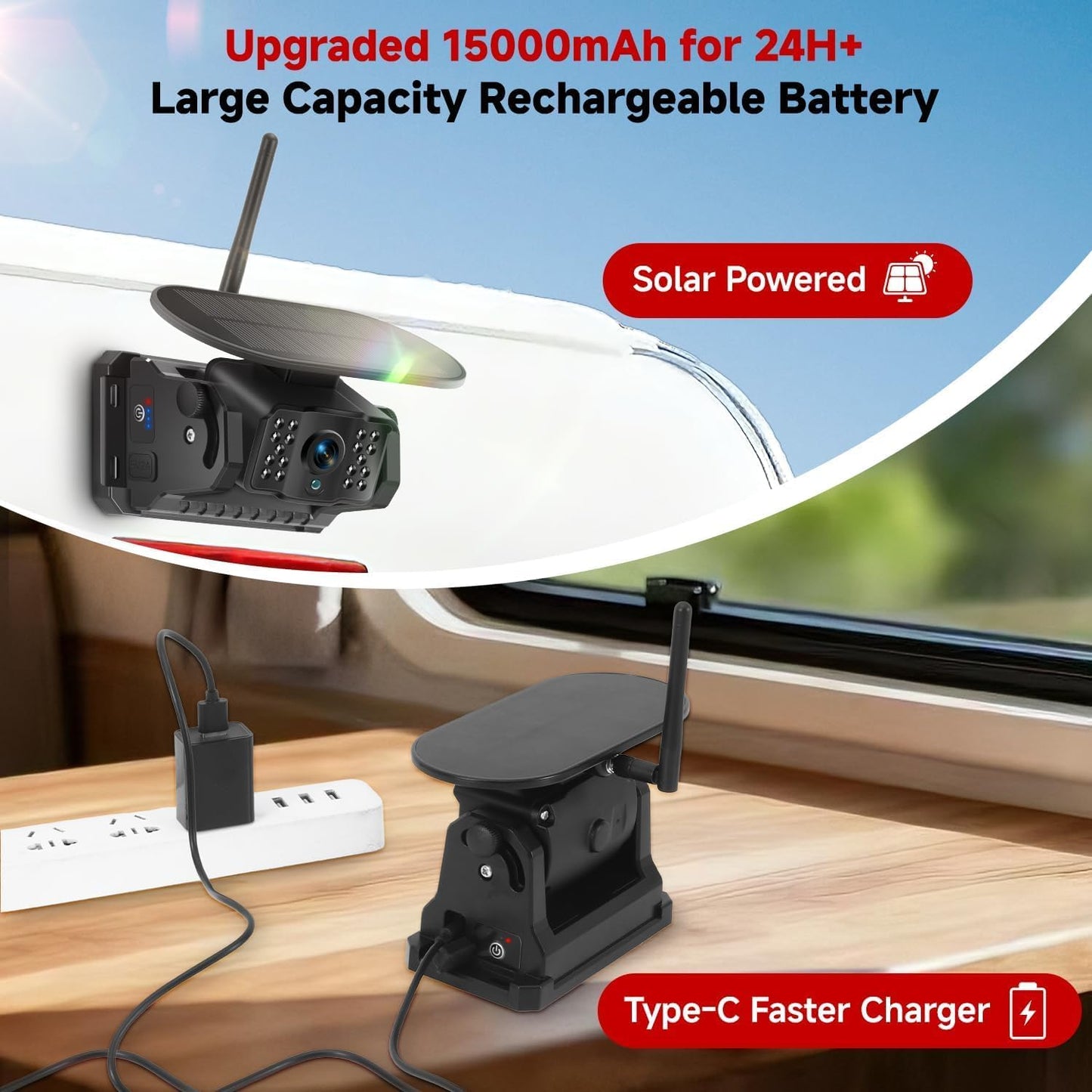 Venluna Dual Wireless Magnetic Backup Camera for Trailer - 7” 1080P HD 4CH Monitor with Solar 15000mAh Rechargeable Night Vision Rear Camera, DVR Loop Recording Waterproof No Delay for Truck,RV,Camper