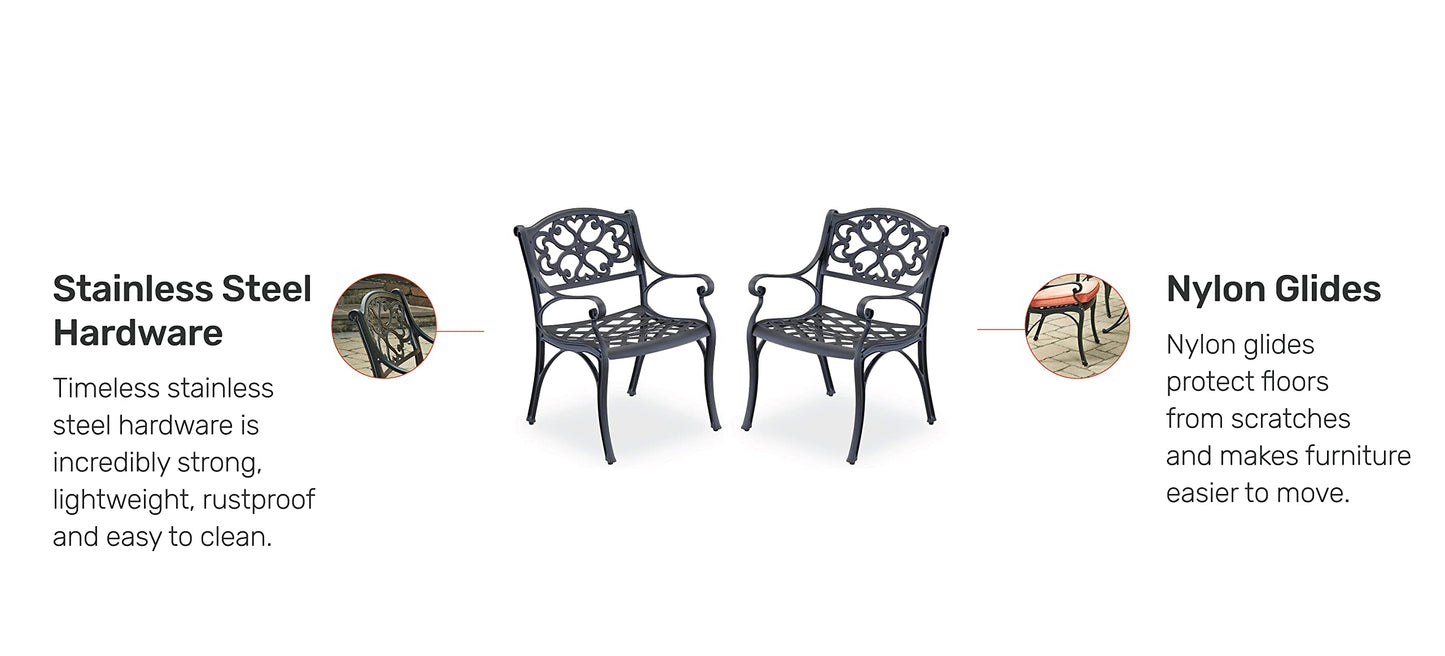 Homestyles Sanibel Black Stationary Cast Aluminum Outdoor Dining Chair, 2 Piece Patio Chairs, Set of 2 Garden Chairs with Armrest & Backrest for Garden Patio Pool Beach Yard, Black
