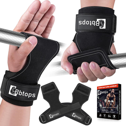 Weight Lifting Wrist Strap, Double-Layer Leather Wrist Straps for Gym Strength Training Weightlifting,Deadlift and Powerlifting, Enhance Grip Strength Neoprene Padding Gym Workout Lifting Straps Pair Black
