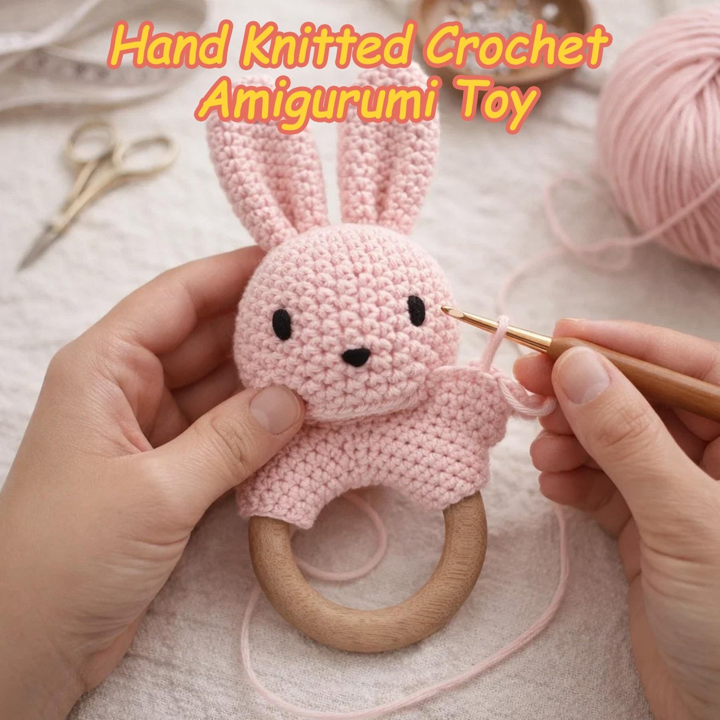 JUSTQUNSEEN Baby Rattle Teether Bunny Pink Crochet Rabbit Toy for Baby Girl Handmade Knitted Easy Grip Wood Handle for Gum Relief Woodland Animal Plush Stuffed Easter Basket Shower Gift Newborn