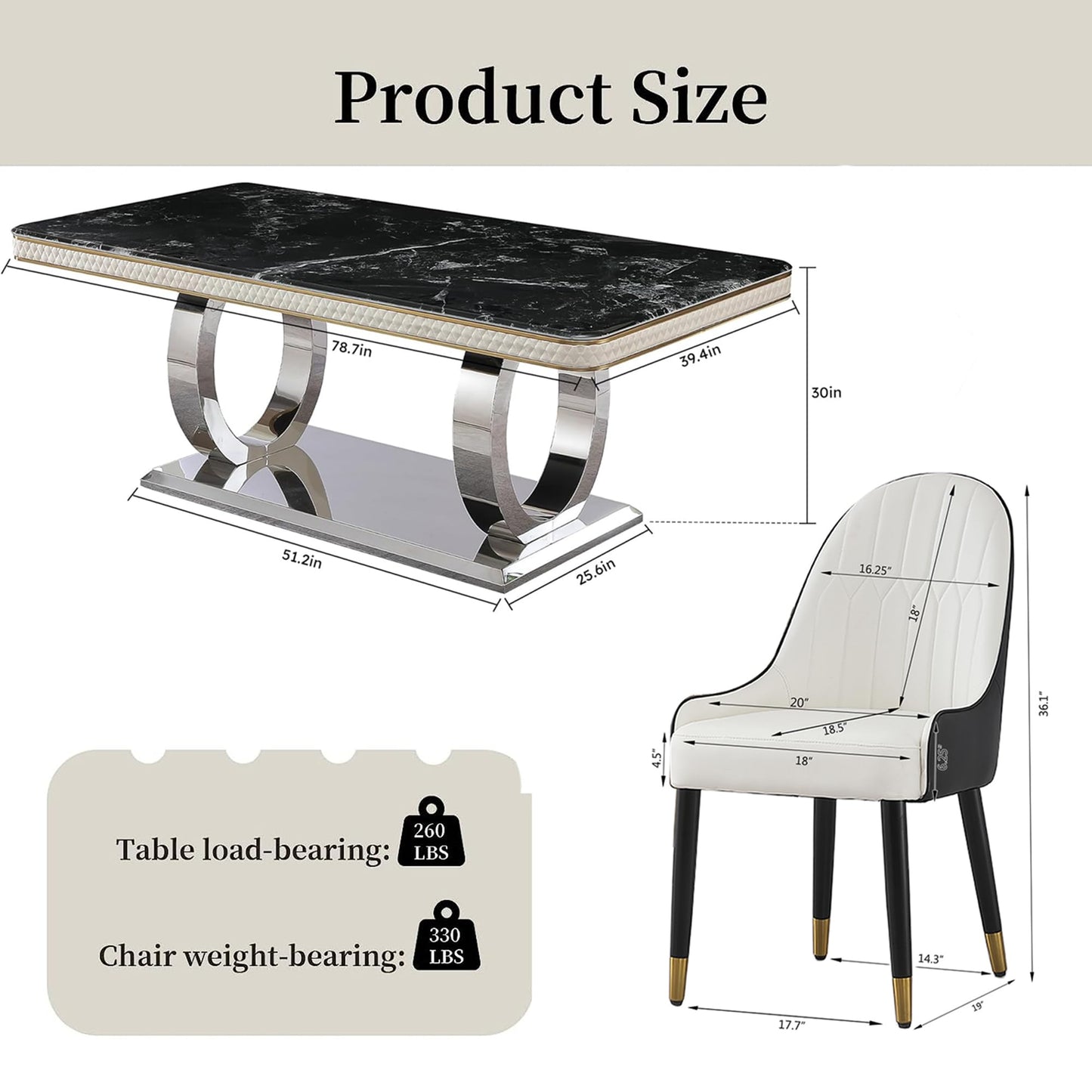 Legendstone 79" Marble Dining Table Set for 6, Modern Kitchen Table with Double-Circle Shaped Stainless Steel Base, Luxury Black Dining Set with 6 Black-White Dining Chairs for Home, Kitchen