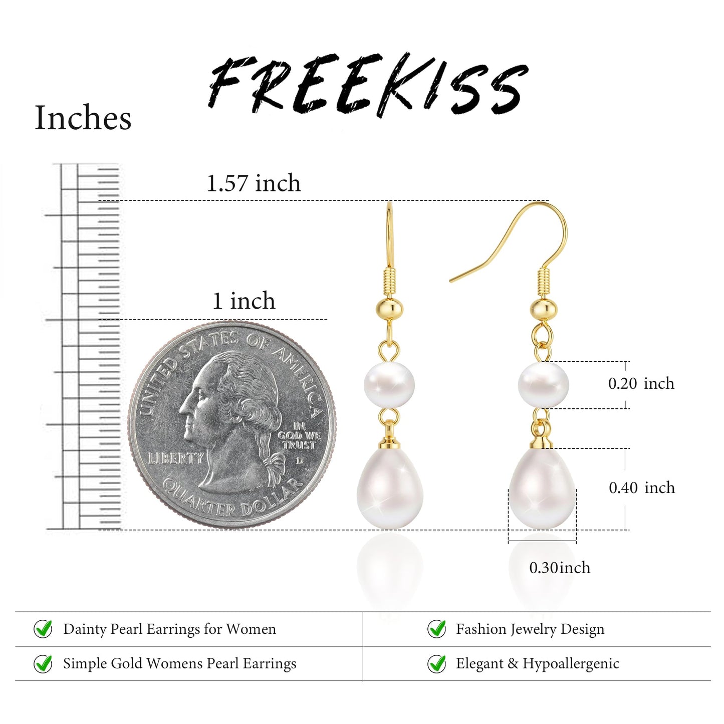 Freekiss Gold Pearl Earrings for Women: Trendy Gold Earrings 14K Gold Filled Lightweight Double Pearl Drop Earrings Simple Wedding Earrings Non Tarnish Jewelry for Women