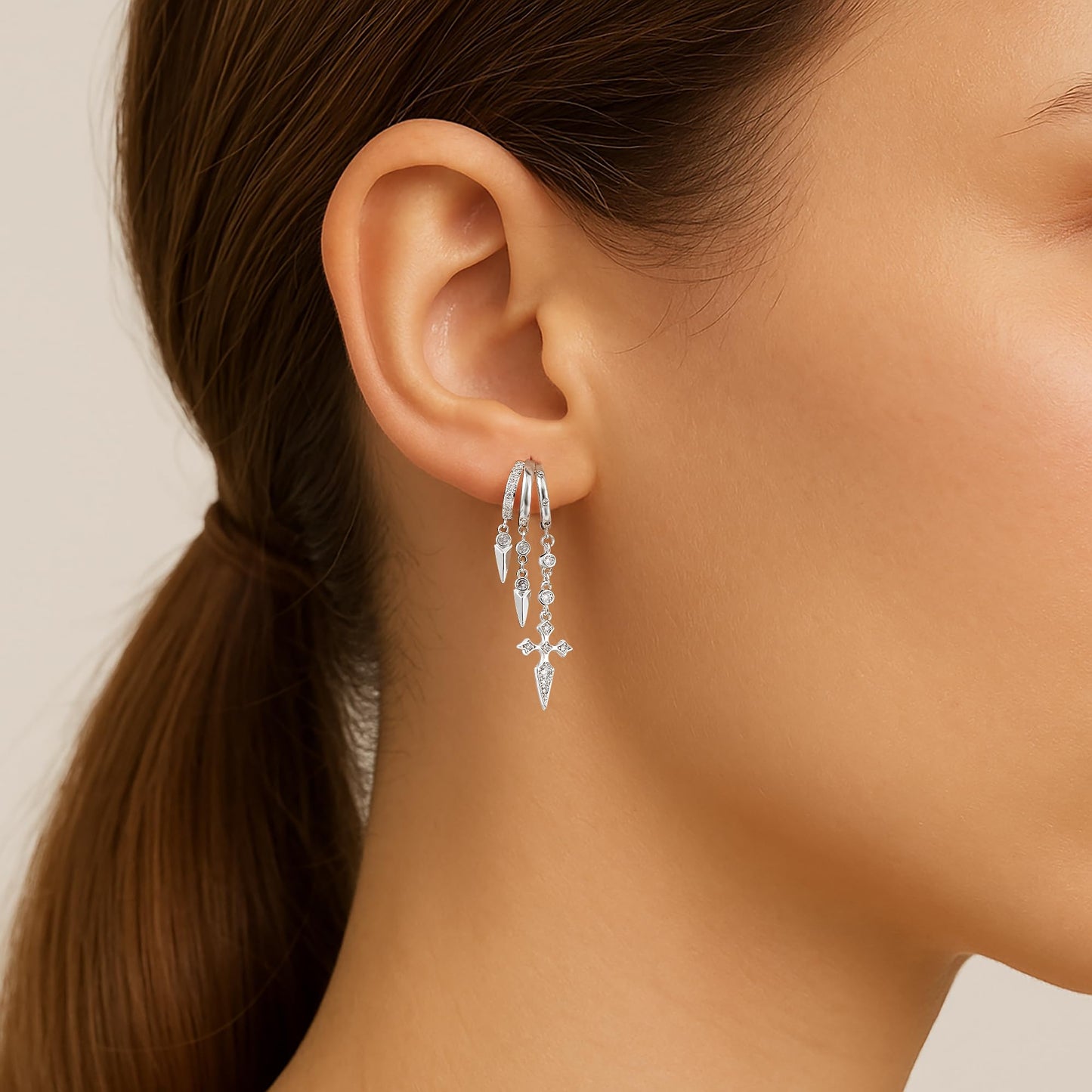 Freekiss Sterling Silver Cross Dangle Earrings for Women, 3 Hoop Illusion Huggie Drop Earring Set with Zircon, Silver Plated Hypoallergenic Stud Earrings Gothic Jewelry for Women