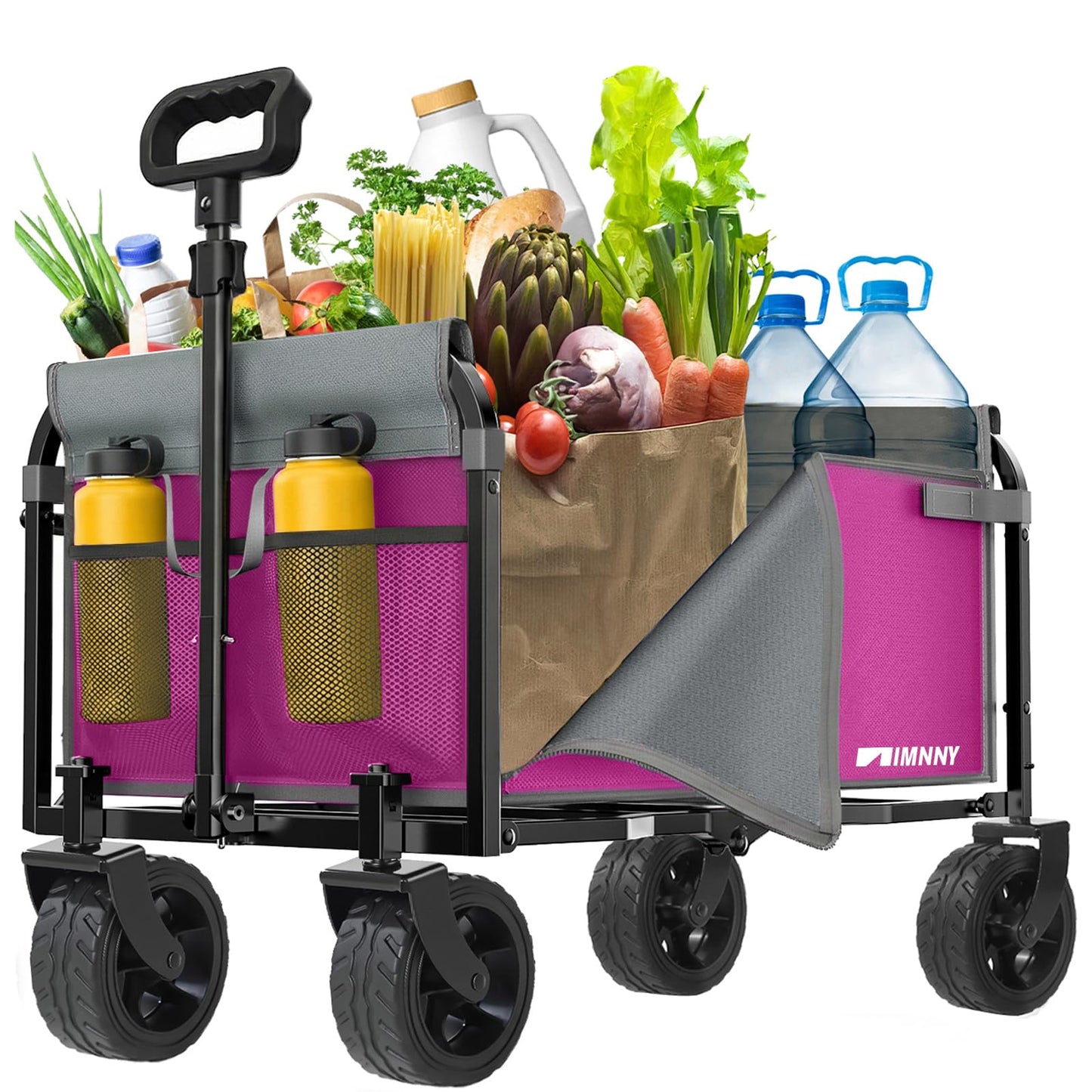 Aimnny Pink Folding Wagon Cart with Wide Wheels, Lightweight & Portable, Easy Fold & Removable Side Utility Wagon for Groceries, Gardening, Camping, Pet Use
