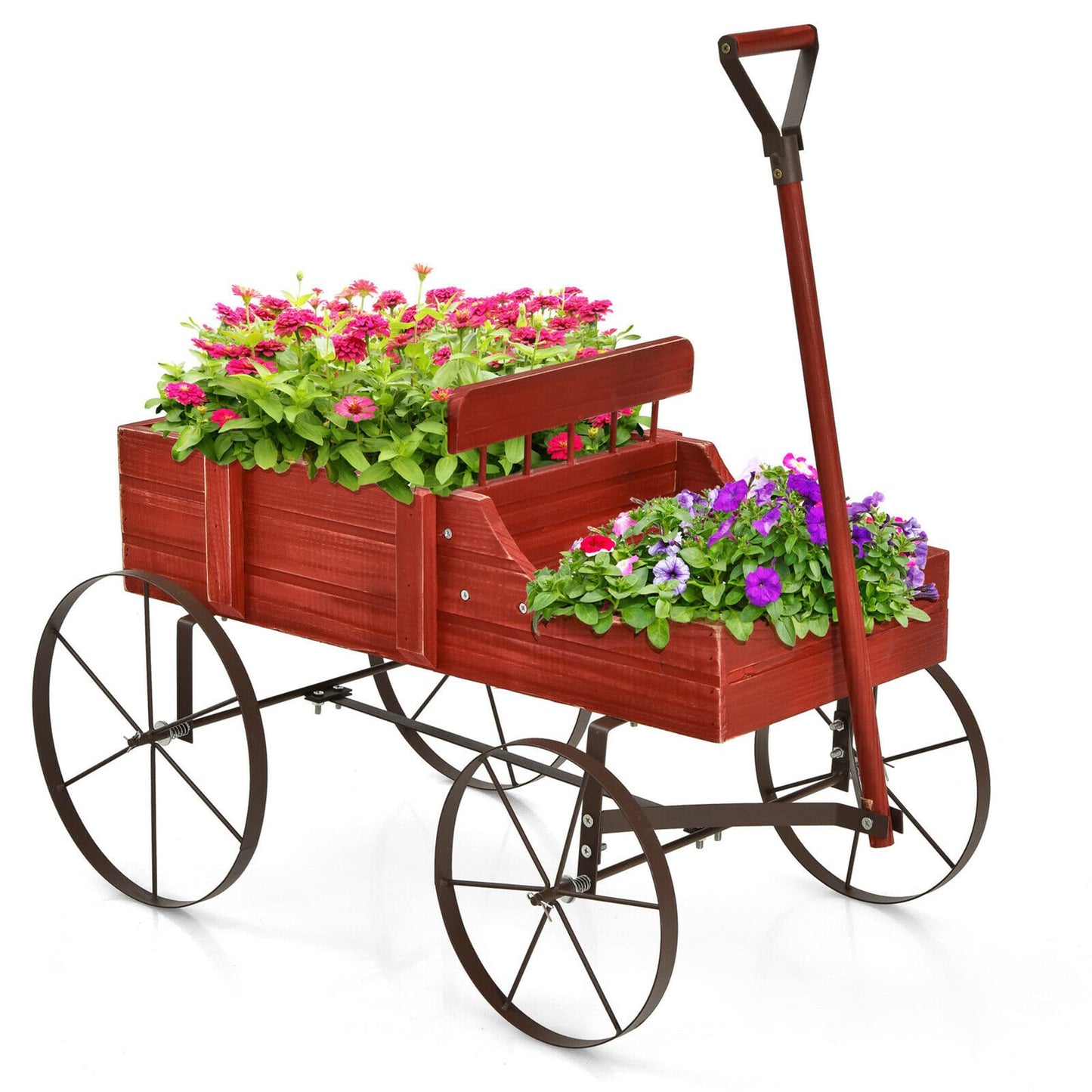 DORTALA Wood Wagon Planter, Outdoor Garden Flower Planter Cart with Wheels, Small Decorative Wood Raised Bed Plant Pot Box Stand for Backyard, Patio, Balcony, Red