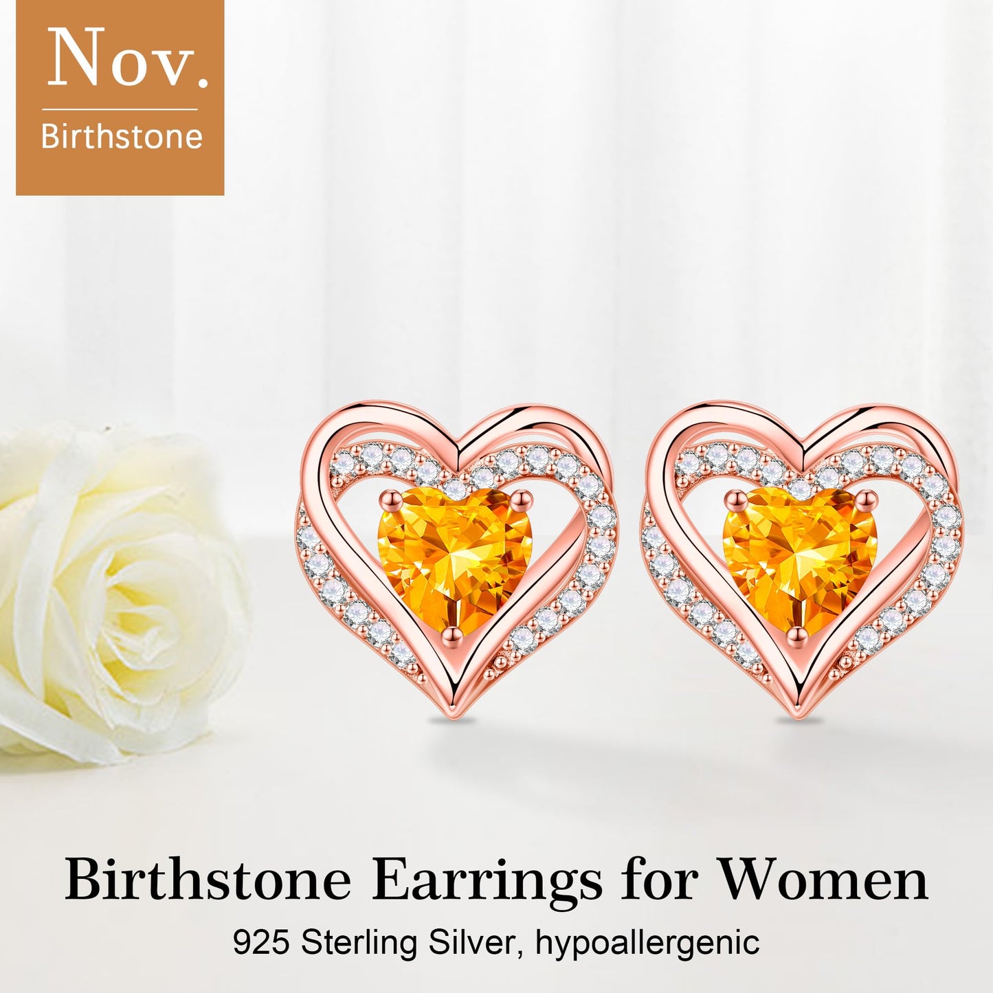 Iefil Rose-Gold-Plated Earrings for Women, November Birthstone Yellow Citrine Heart Stud Earrings for Women
