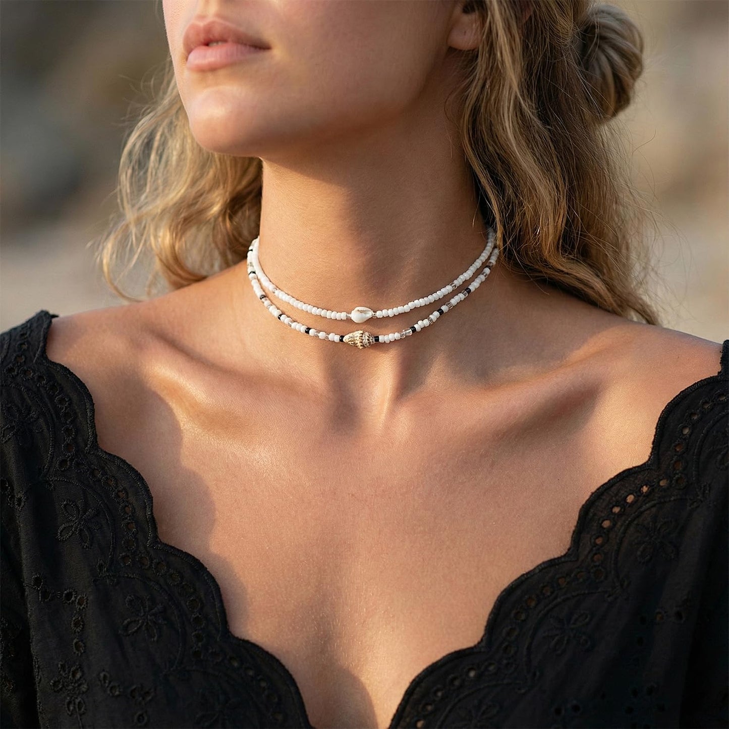 Lameybrt Cowrie Shell Surfer Necklaces, Hawaiian Beach Handmade Choker Set for Women, White Rice Bead with Black Accents, Bohemian Summer Seashell Choker 2 Piece Set, Perfect for Summer Beach Vacation, Birthday, Mother’s Day & Holiday Gifts (Shell 1)