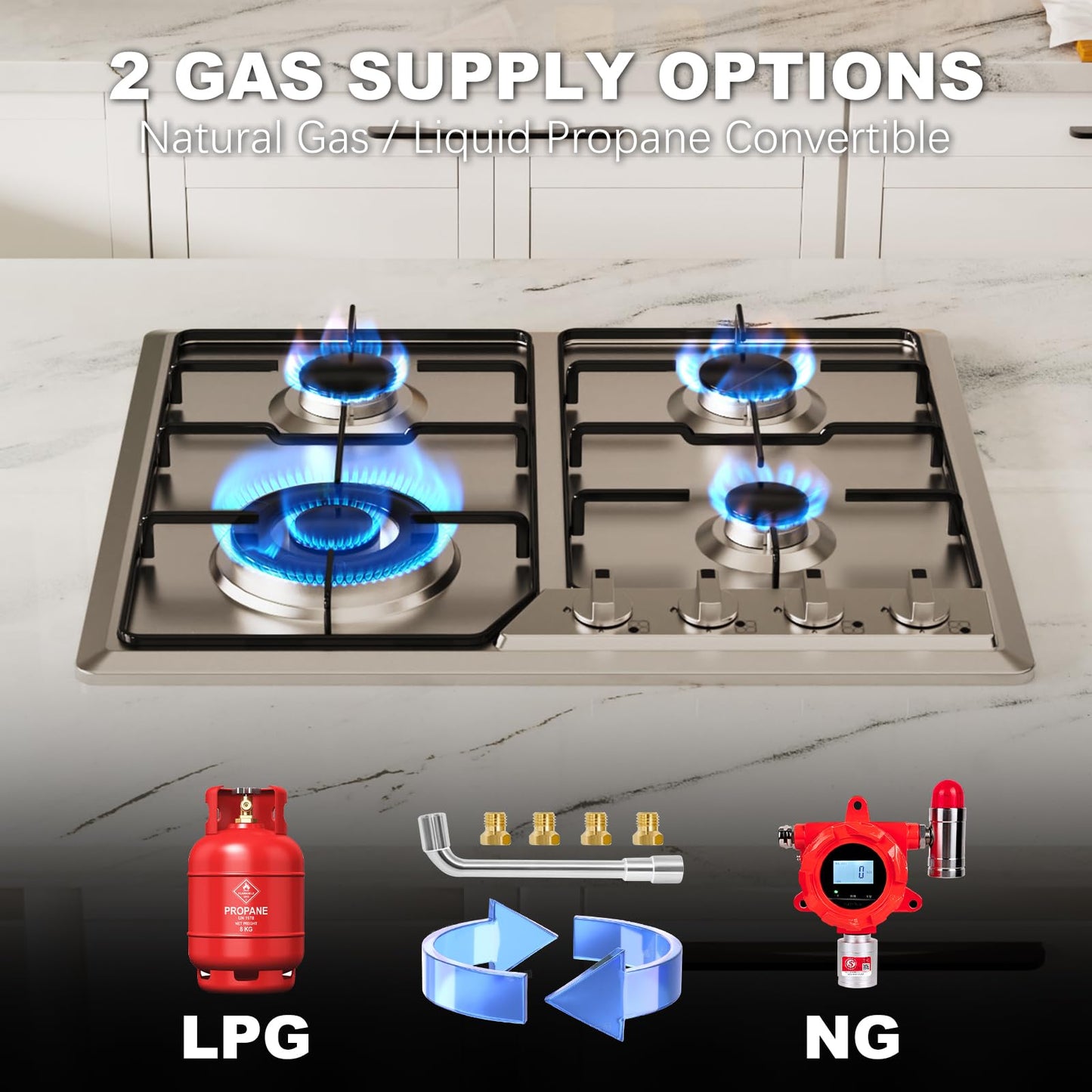 Borrallio Gas Cooktops 23x20 Inch, Built-in Stainless Steel 4 Burner Gas Stove, NG/LPG Dual Fuel Propane Gas Cooktop with Thermocouple Protection for Apartment, Kitchen, Indoor,110V,Plug in