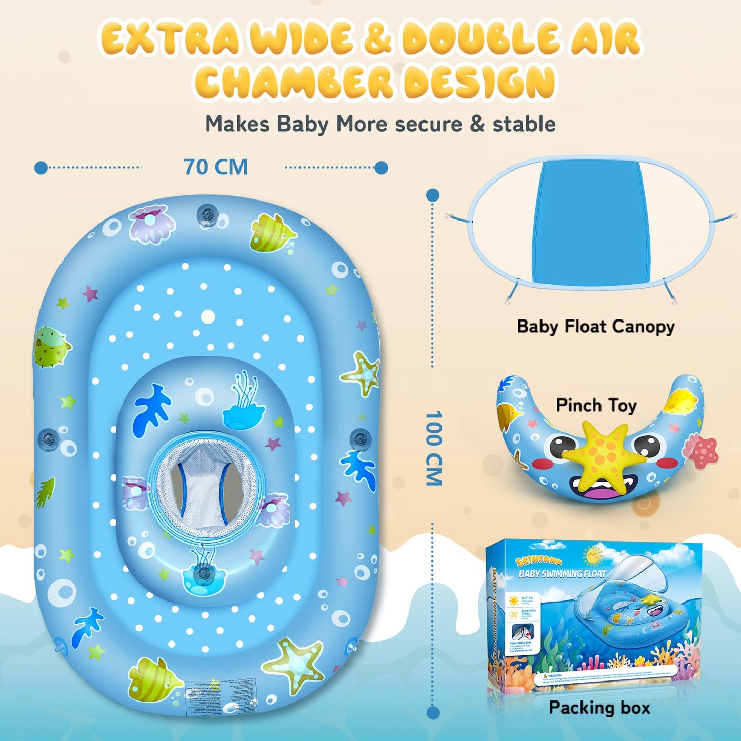 SKINFRND Baby Float with Canopy- UPF50+ Sun Protection Baby Pool Float，Inflatable Kids Pool Float with Adjustable Safety Seat for 6-36 Months Kids Swimming,with Marine Animal Floating Toys