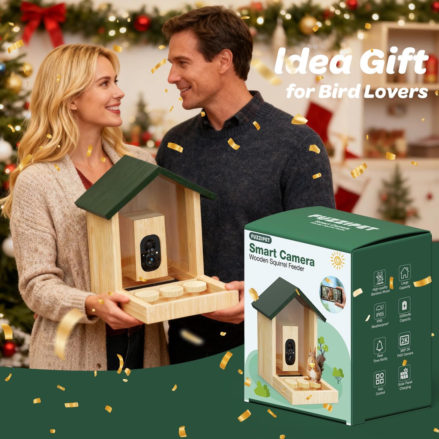 Wooden Squirrel Feeder with Camera, Smart Squirrel Feeder Solar-Powered, Squirrel Houses for Outside, 2K HD+ Video, Cloud Storage, Large Capacity, Ideal for Squirrel Lovers