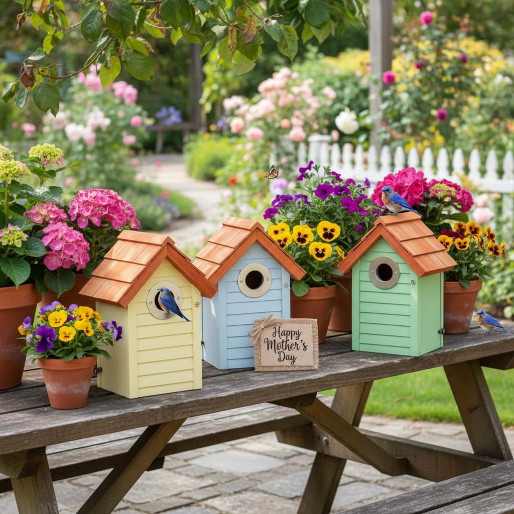 3pk Bluebird Bird Houses for Outside Clearance - Bird House for Wall Mounting - Tree Swallow Nest Box with Stainless Steel Predator Guard - Cedar Shingles Roof UV Painting - 10 Years Outdoor