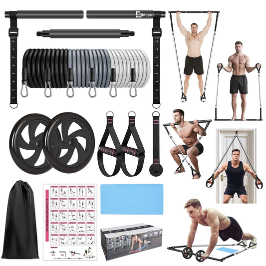 BBTOPS Pilates Bar Kit with Resistance Bands, Pilates Equipment Exercise Bar with Ab Roller for Abs Workout, Portable Home Gym Yoga Fitness Bar for Women & Men (Black)