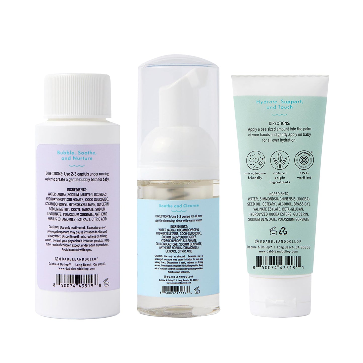 Dabble & Dollop Baby Minis Kit – Fragrance-Free, Tear-Free Shampoo & Body Wash, Bubble Bath and All Over Lotion, Travel Size Baby Toiletries or Gift Set for Newborns & Sensitive Skin