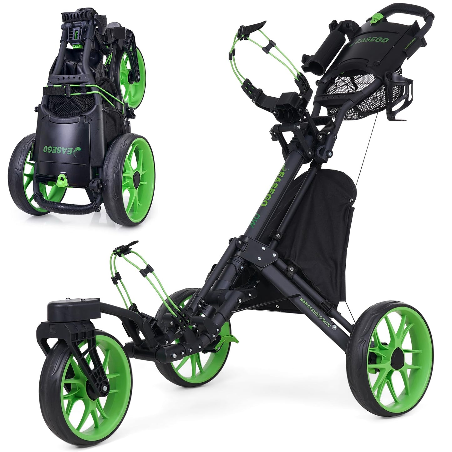 EASEGO Golf Push Cart 3 Wheel : 360° Swivel Front Wheels with Phone Holder/Cup Holder/Umbrella Holder/Foot Brake Quick Fold Golf Walking Push Pull Carts All-Terrain Golf Caddy Carts(Lime Green)