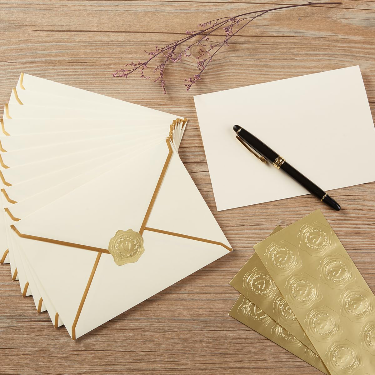 50 Pack A4 Envelopes with 4x6 Folded Cards and Gold Stickers, 4x6 Gold Envelopes for Office, Wedding, Invitations, Graduation, Baby Shower (Cream Color, 4x6)