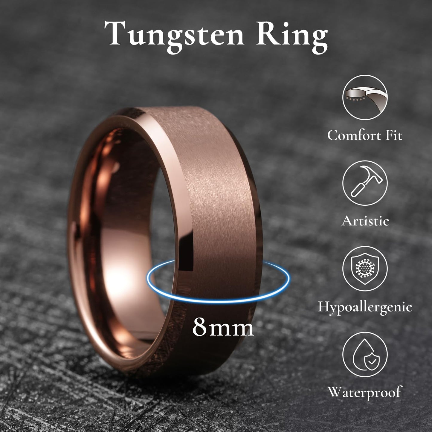 King Will Brown Basic Tungsten Rings For Men 8mm Wedding Band Polished Edge Brushed Matte Promise Ring Comfort Fit, Size 11