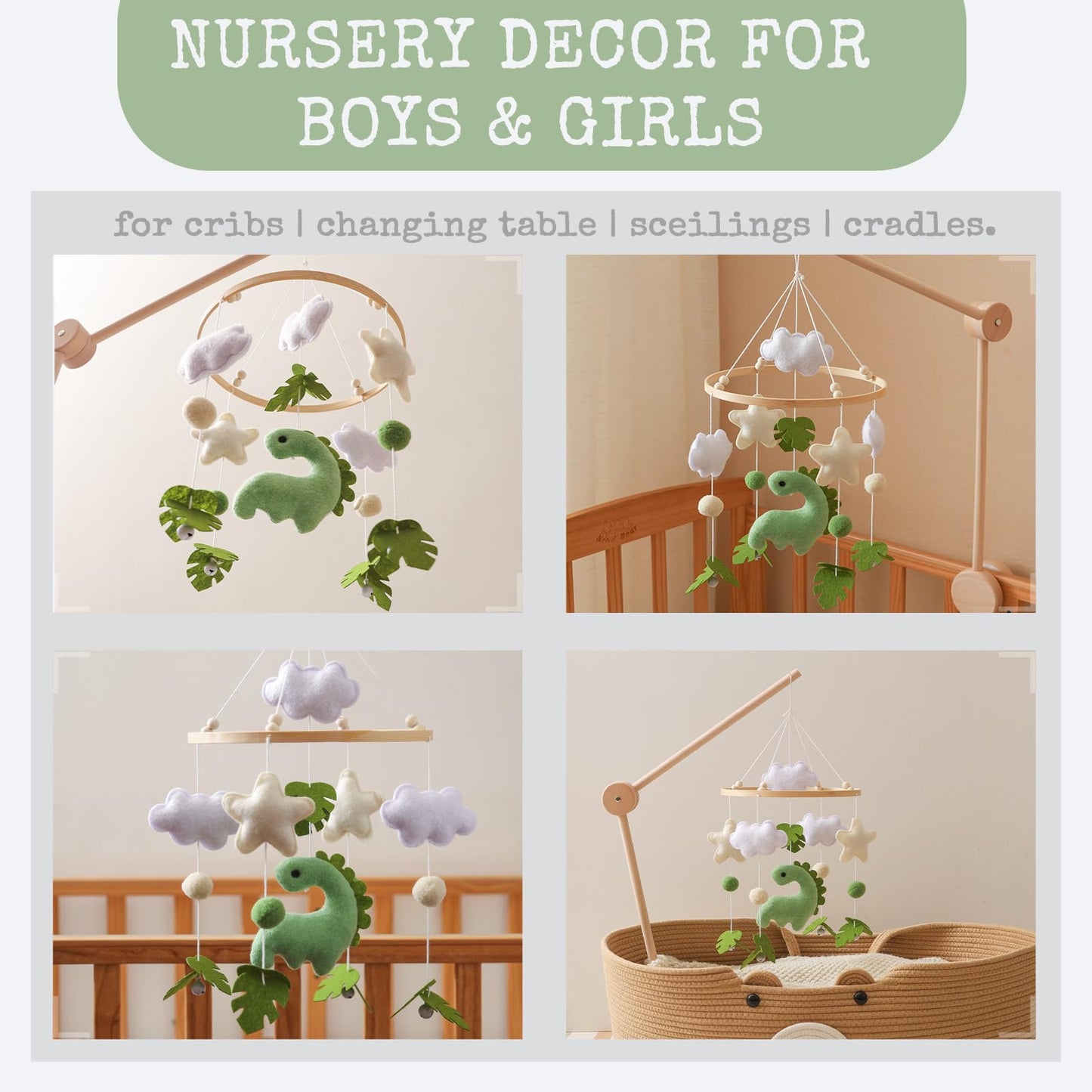 Moyii Baby Crib Mobile for Nursery - Handmade Felt Dinosaur Hanging Mobile - Green Dino Ceiling Decor for Boys Girls - Neutral Boho Jungle - Newborn Baby Shower Gift