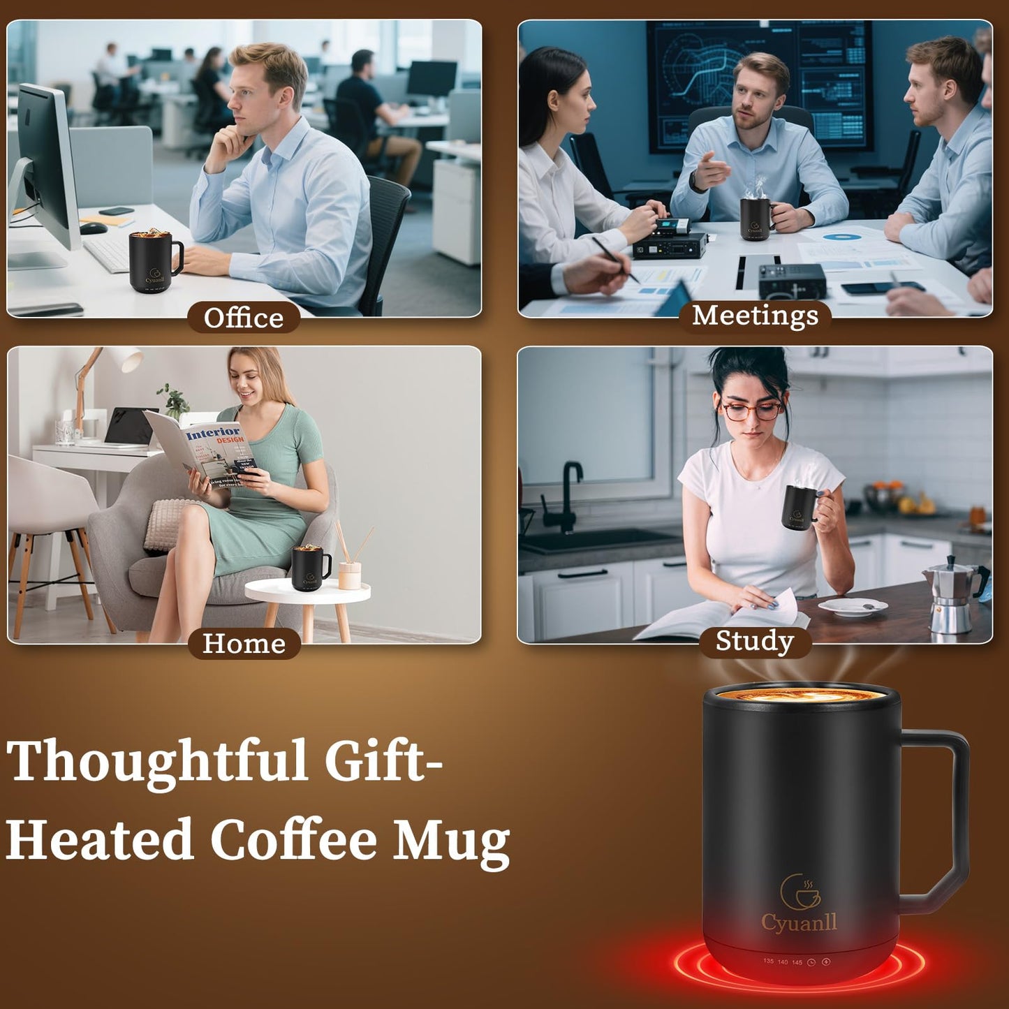 Upgraded Heated Coffee Mug with Auto Shut-Off Function,Self-Heating Temperature Control Mug with Lid and Spoon,Smart Mugs Warmer for Coffee,3 Temperature Settings,Gifts for Men and Women(Black-12 oz)