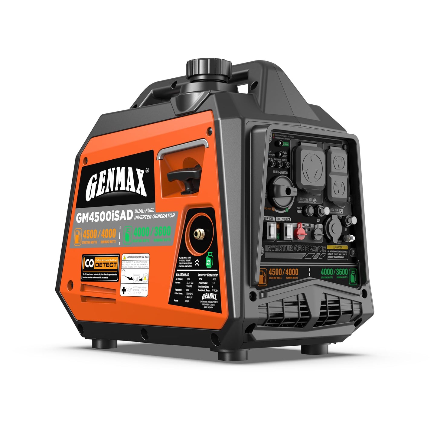 GENMAX 4500W Peak Dual-Fuel Silent Inverter Generator （2026 Model） - Ultra-Lightweight with CO Detector, EPA Compliant, Ideal for Home Backup & Outdoor Camping (GM4500iSAD)