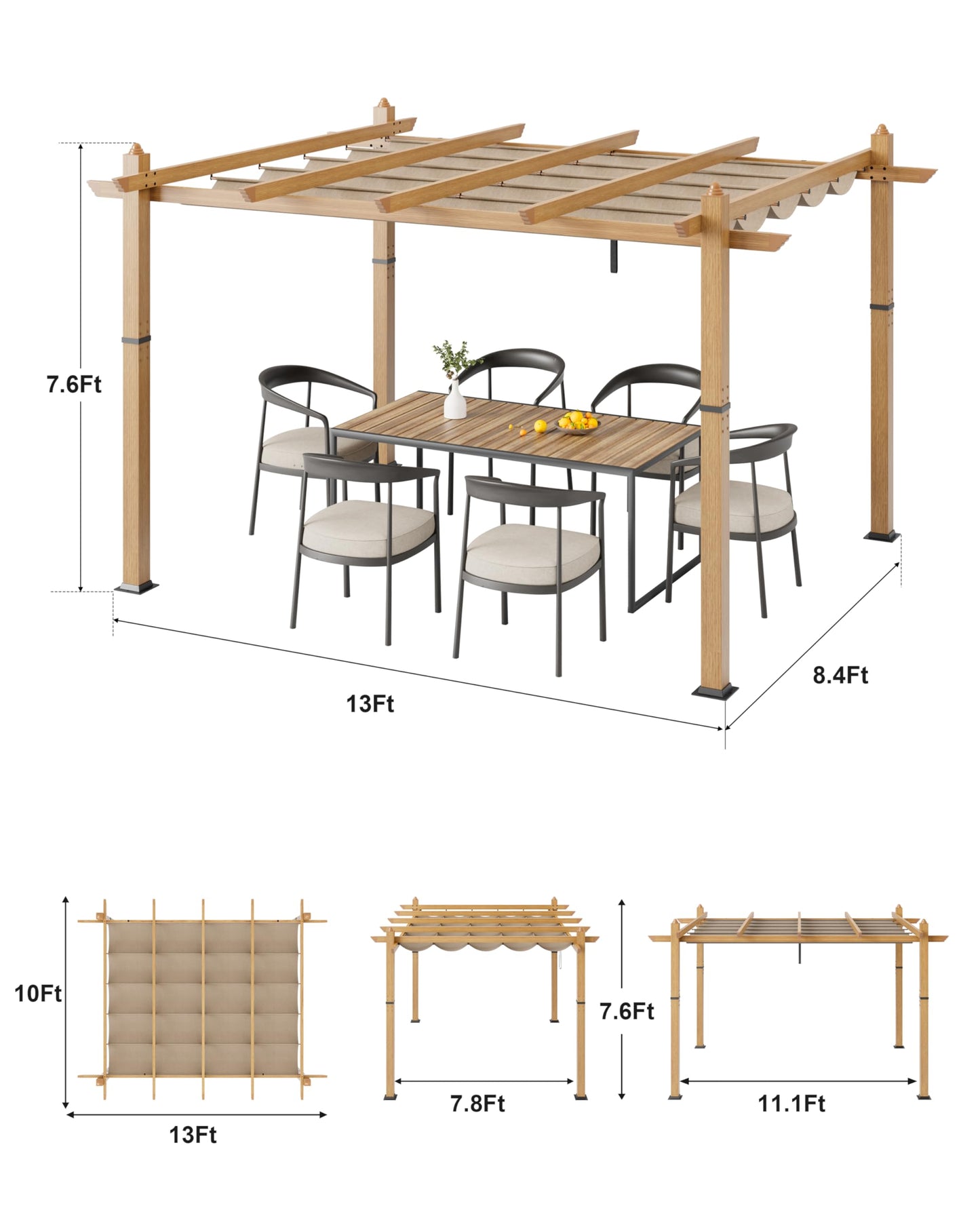 Garvee 10x13 ft Outdoor Pergola with Retractable Canopy – Upgraded Aluminum Faux Wood Grain Metal Patio Pergola for Modern Backyard Deck, Porch, Grape Trellis in Khaki