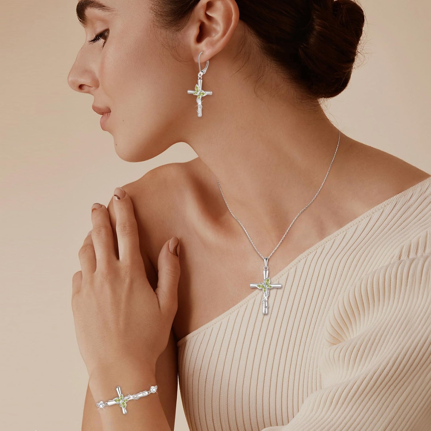 Blaniy Cross Necklace for Women 925 Sterling Silver Butterfly Necklace Peridot Pendant Necklaces August Birthstone Jewelry Gifts for Women