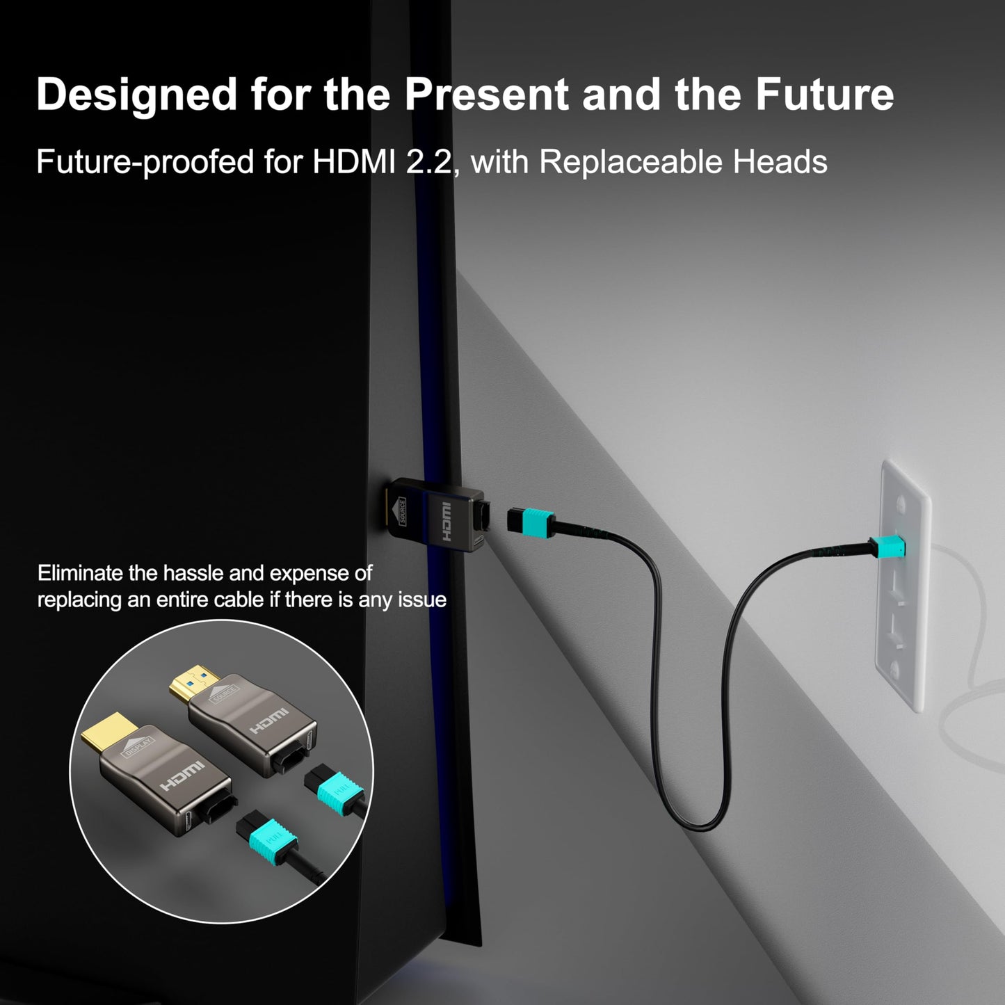 RUIPRO 8K Detachable Full Fiber Optic Armored HDMI 2.1 Cable 33FT, Ultra High Speed 48Gbps, Support 8K@60Hz 4K@120Hz, Dynamic HDR, eARC, Compatible with PS5/Xbox/Blu-ray/TV/Monitor/Projector