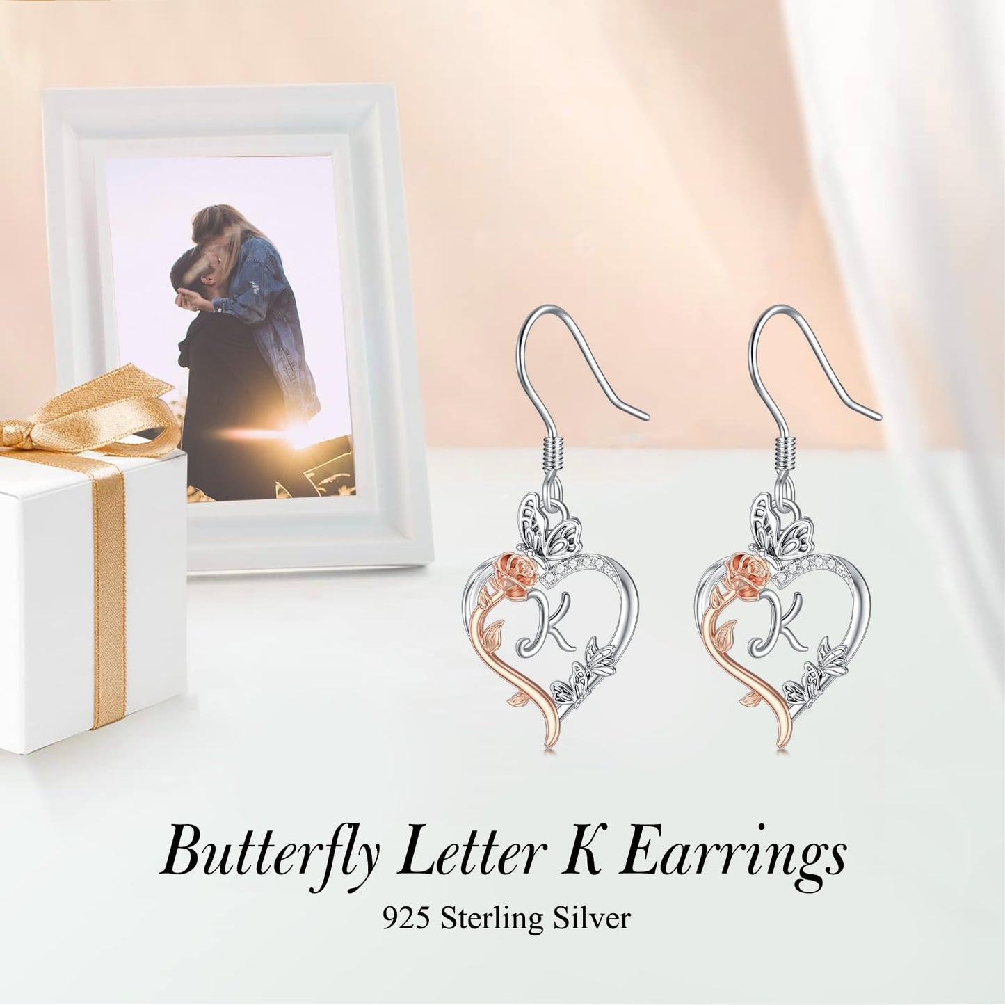 TOUPOP Rose Heart Initial Earrings Sterling Silver Butterfly Earring Initial K Letter Drop Dangle Earrings Jewelry Anniversary Birthday Mothers Day Gifts for Women Mom Wife Girlfriend Her