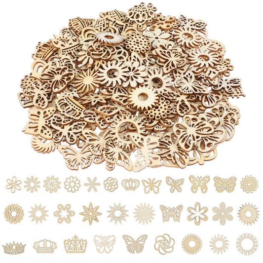 300Pcs Wooden Embellishments,Flower Butterfly Shape Wooden Cutouts Wooden Scrapbooking DIY Handmade Crafts Children Graffiti Home Decor Wooden Crown Pieces Discs Wood Slice Ornament Manual Accessories
