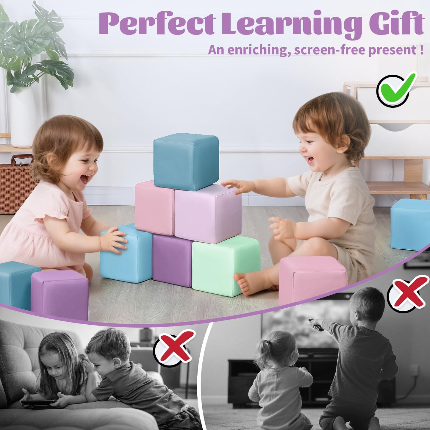 TODIBY Foam Building Blocks for Toddlers：12-Pieces Wipeable Leather Stacking Cubes Kids - Large Soft Toys Play Set for Learning Construction Baby Preschool Daycare Therapy Birthday Gift (Purple Pink)