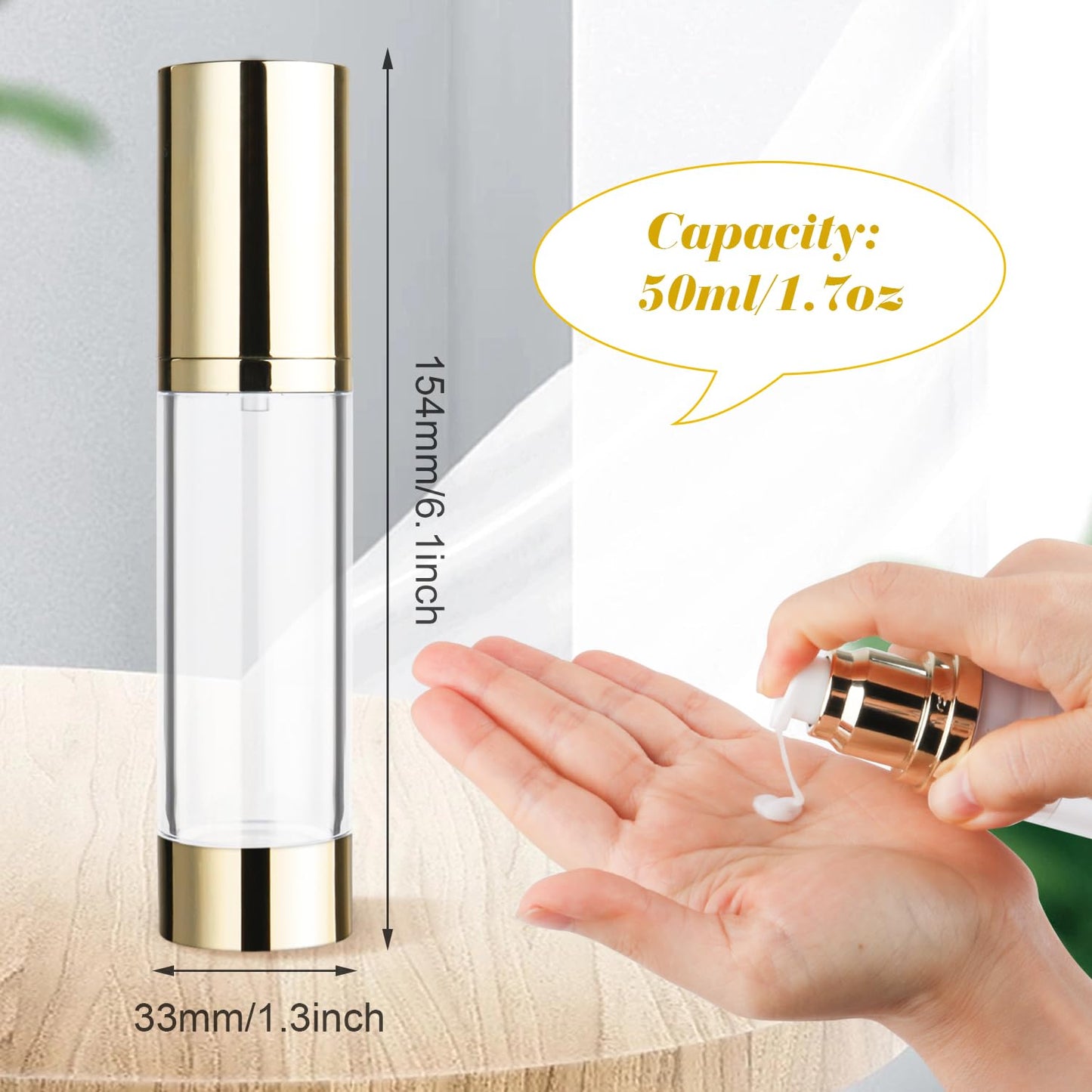 4 Pack 50ml/1.7oz Clear Airless Pump Bottle Plastic Vacuum Pump Press Container Empty Lotion Dispenser for Cream Toiletries Liquid Foundation Cosmetic Sample Travel - Gold