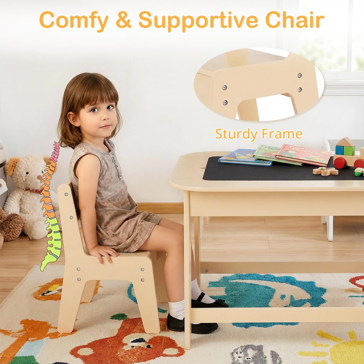 INFANS Kids Table and Chair Set, 3 in 1 Wooden Activity Table with Removable Tabletop, Blackboard and Whiteboard for Toddlers Arts Crafts Drawing Reading Playing, Playroom Nursery (Natural)