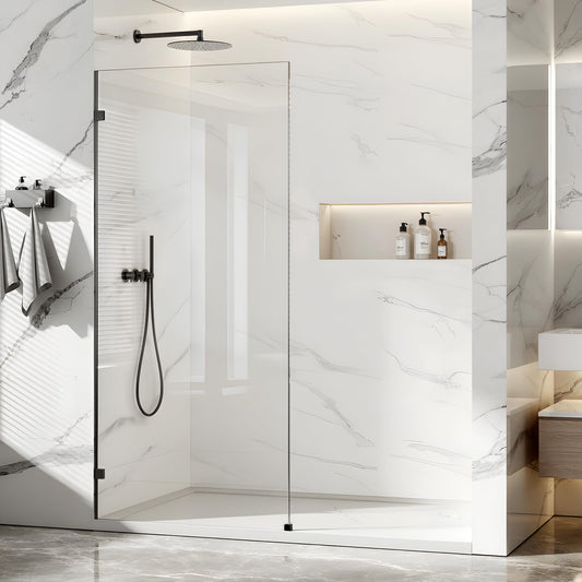 Shower Glass Panel Fixed Shower Screen, 36” W x 78” H 3/8” 10mm Single Frameless Shower Doors for Walk in Shower with Clear Tempered Glass Explosion-Proof Film for Bathroom, Matte Black Hardware