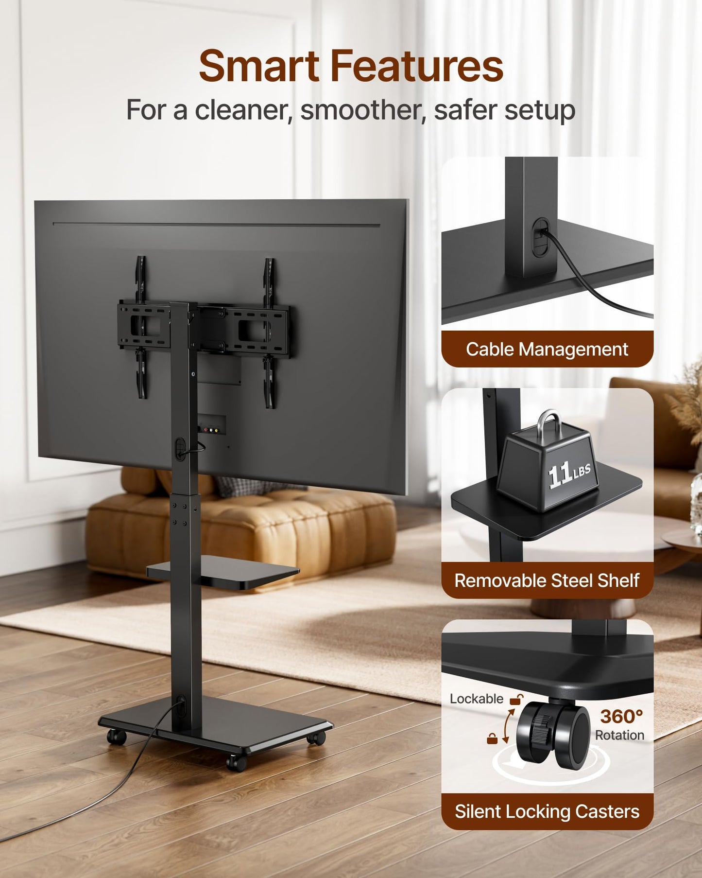 ECOTINY Steel Base Rolling TV Stand for 32-75 inch TVs up to 110 lbs, Leveling & Tilt & Swivel Mobile TV Stand with Hidden Wire Management, Height Adjustable Portable Tv Stand with Steel Shelf, Black