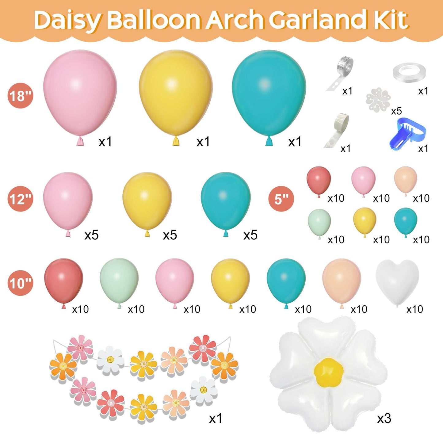 161pc Daisy Balloon Garland Arch Kit, Pastel Groovy Flower Party Decorations with Pink Yellow Orange Blue Green Daisy Banners for Baby Shower Retro Hippie Two Groovy Boho Birthday Party Decor