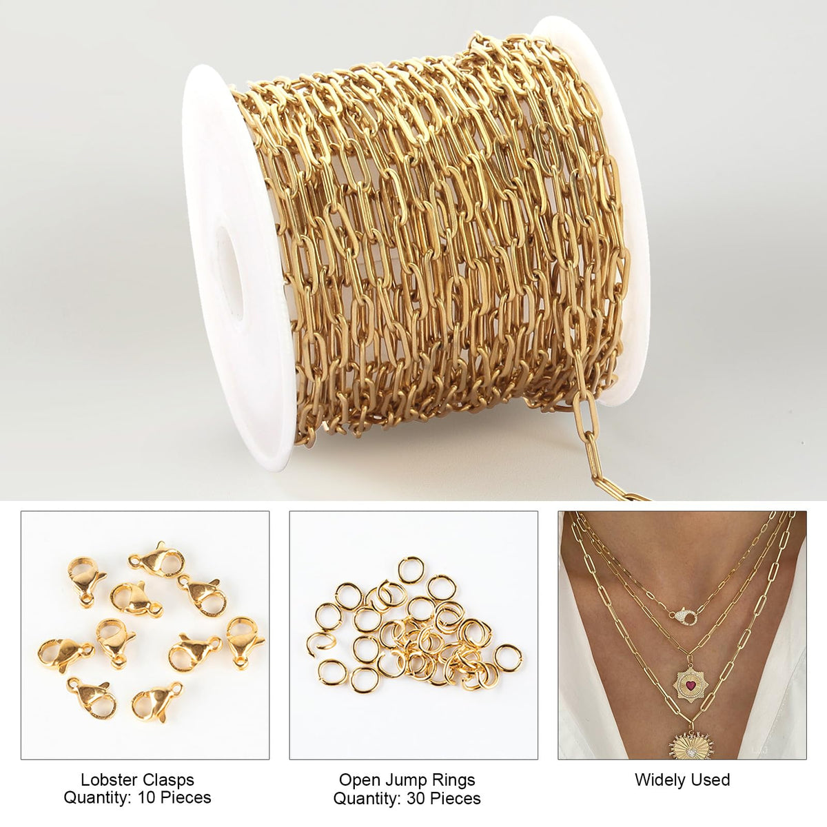 Kyutong 5M Gold PVD Plated Necklace Chain for Jewelry Making 304 Stainless Steel Paperclip Chain Roll with Lobster Clasps and Jump Rings for Men Women Making Jewelry Craft Support Jewelry Findings