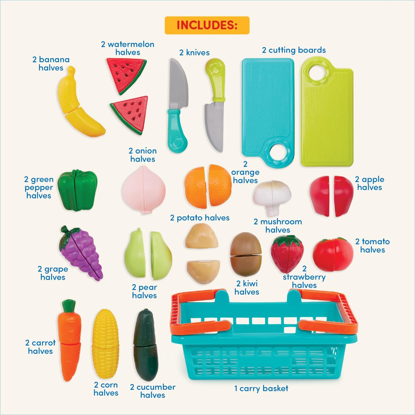 Battat – Play Food for Toddlers with Farmers Market Basket and Chopping Board, Toy Food for Kids Kitchen and Pretend Play for 3+ Years (37 Pieces)