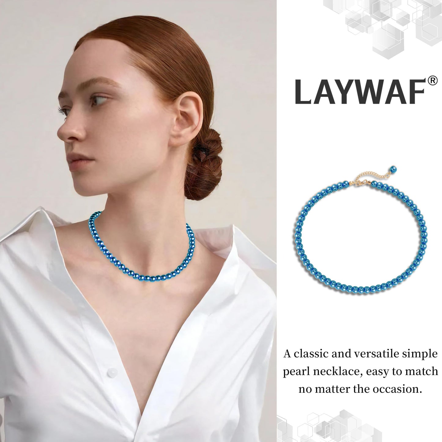 LAYWAF Navy Blue Imitation Pearl Choker Necklace for Women, 8MM Beaded Necklace, Fake Pearls Jewelry, Simple Dainty Faux Pearl Mom Wedding Necklace, Chunky Imitation Pearl