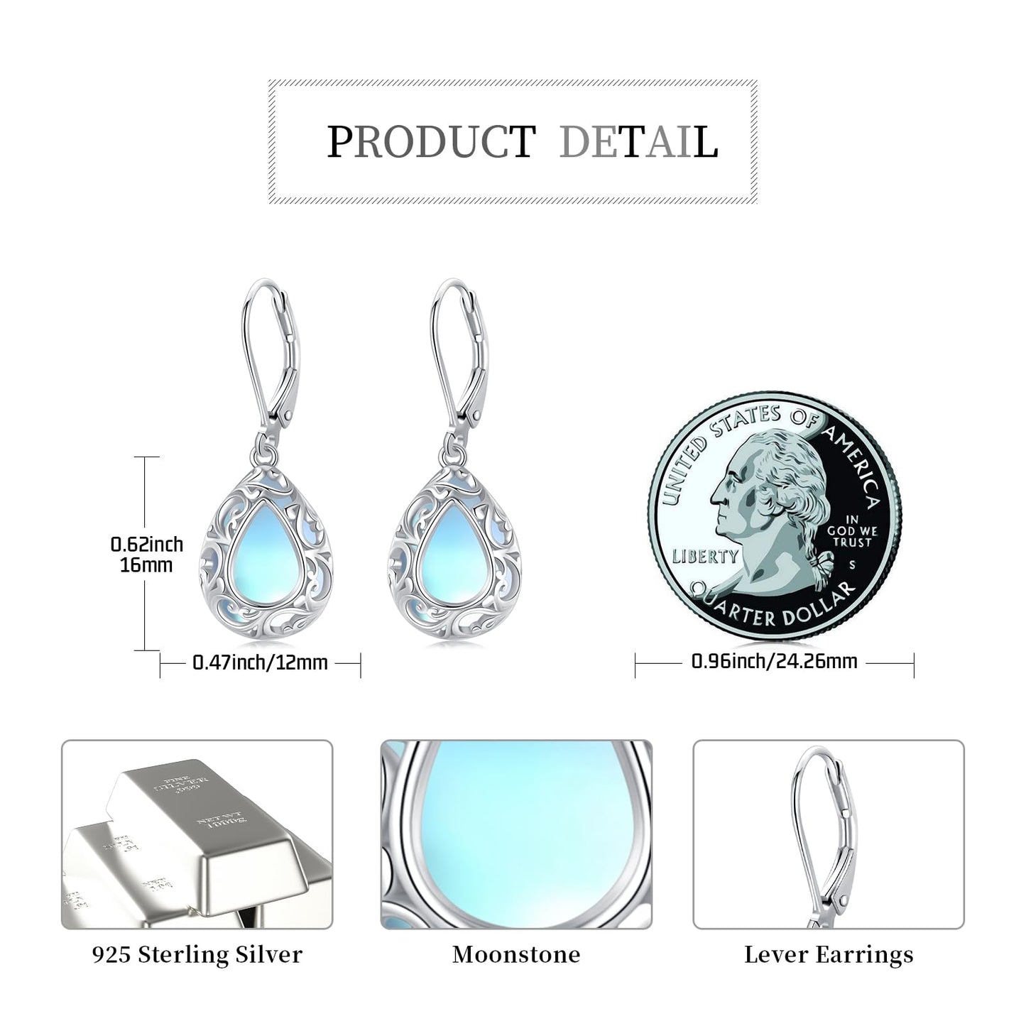 KoyeKei Moonstone Filigree Leverback Earrings for Women 925 Sterling Silver Moonstone Teardrop Dangle Drop Earrings Filigree Jewelry Anniversary Graduation Gifts for Lover Girlfriend Best Friend